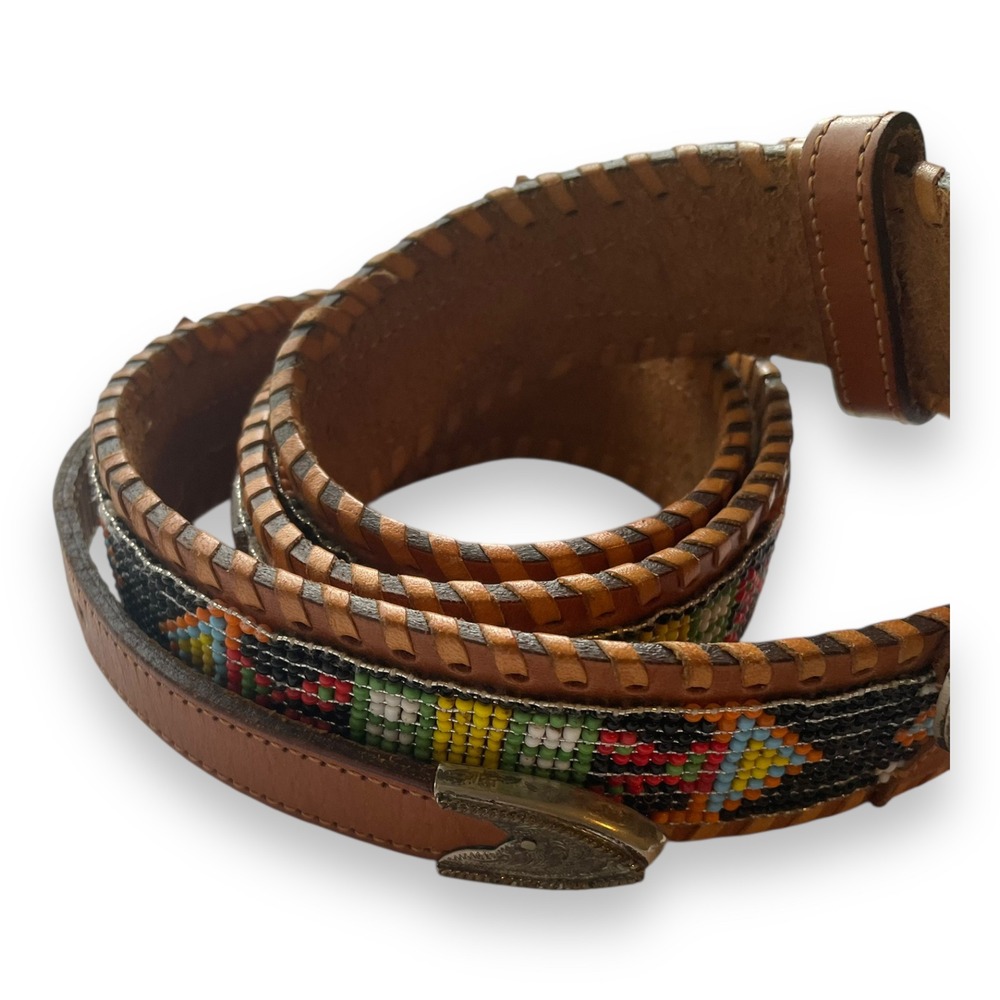 Southwestern Brown Leather Beaded Whipstitch Belt Silver Engraved Buckle Aztec - Picture 6 of 8